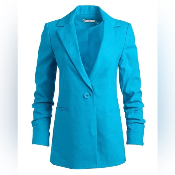 Alice + Olivia Pailey Fitted Linen Blend Blazer in Ocean Blue - Picture 2 of 7